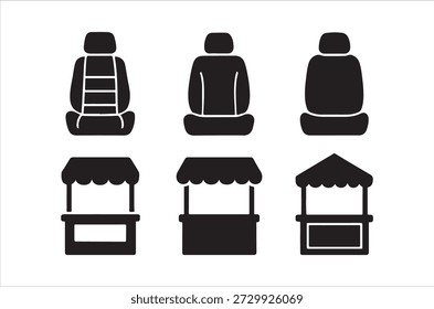 A set of simplistic black icons showing car seats and small market stall structures.