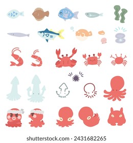  A set of simply deformed illustrations of various fish, octopus, and other sea creatures