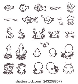  A set of simply deformed illustrations of various fish, octopus, and other sea creatures