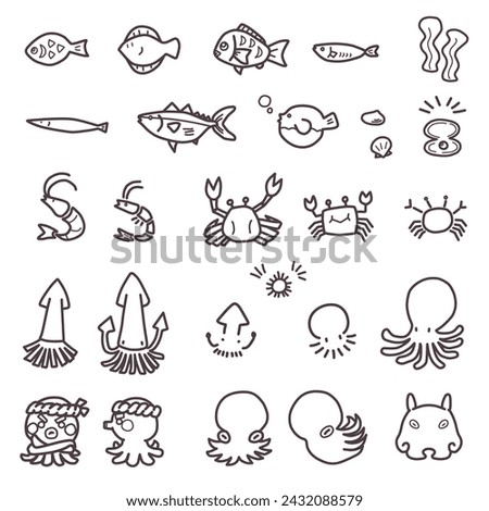  A set of simply deformed illustrations of various fish, octopus, and other sea creatures