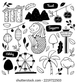 set of singapore doodle art with cute elements