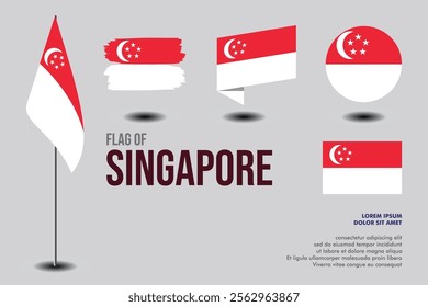 Set of  Singapore flag in 5 designs: flag on pole, brush stroke, skew, round and standard. vector, flat, isolated on grey background
