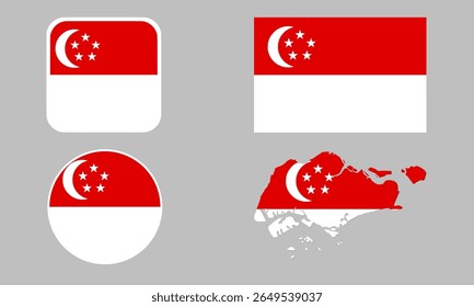 A set of Singapore flag icons. A set of flags in square, rectangular, round and map shapes. Flag icons.