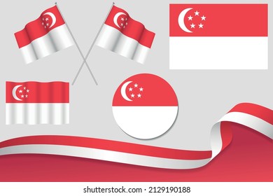 Set Of Singapore Flags In Different Designs, Icon, Flaying Flags With ribbon With Background. Free Vector