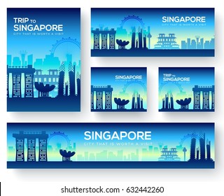 Set of Singapore landscape country ornament travel tour concept. Culture traditional, magazine, book, poster, abstract, element. Vector decorative ethnic greeting card or invitation background