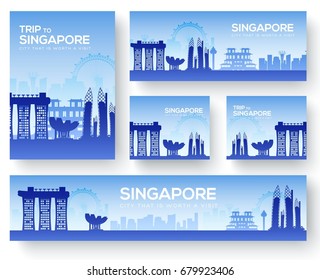 Set of Singapore landscape country ornament travel tour concept. Culture traditional, magazine, book, poster, abstract, element. Vector decorative ethnic greeting card or invitation background