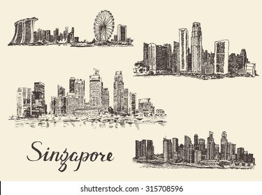 Set of Singapore skylines, vintage engraved illustration, hand drawn, sketch