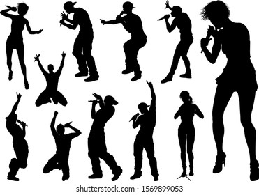 A set of singers pop, country music, rock stars and hiphop rapper artist vocalists in high quality detailed silhouette