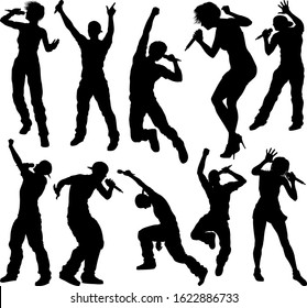 A set of singers pop, country music, rock stars and hiphop rapper artist vocalists in high quality detailed silhouette