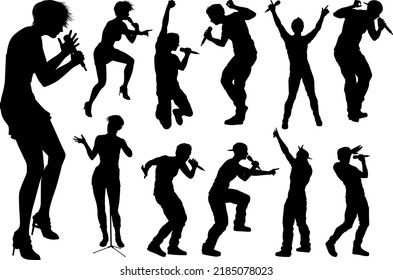 A set of singers pop, country music, rock stars and hiphop rapper artist vocalists in high quality detailed silhouette