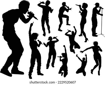 A set of singers pop, country music, rock stars and hiphop rapper artist vocalists in high quality detailed silhouette