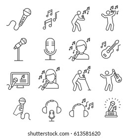 Set of singing Related Vector Line Icons. Includes such Icons as singer, music, musical notes, microphone, concert, Opera, guitar, headphones, karaoke