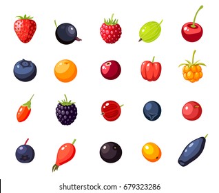 Set single berries: cherry, rosehip, strawberry, acai, raspberry, juniper, cranberry, cloudberry, blueberry, goji, acerola, blackberry, currant, honeysuckle. Vector collection of flat icon, isolated.