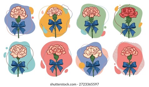 Set von einzelnen Nelkenblumen mit eleganten blauen Schleifen auf verschiedenen weichen abstrakten bunten Hintergründen in einem Raster gebunden.