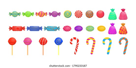 Set of single cartoon candies: lollipop, cane candy, bonbon, teddy bear marmalade, licorice. Caramel sweets poster for confectionery or candy shop. Assorted wrapped candies. Vector illustration.