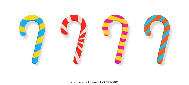 Set of single cartoon candies: lollipop, cane candy, bonbon, teddy bear marmalade, licorice. Caramel sweets poster for confectionery or candy shop. Assorted wrapped candies. Vector illustration.