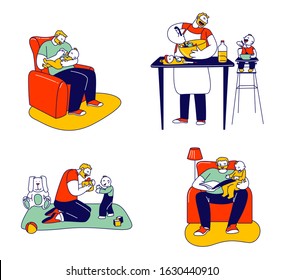 Set of Single Father Engaged in Raising Child. Dad Feed Son with Bottle, Cooking Meal, Boy Sit in High Baby Chair, Play and Have Fun with Daddy, Happy Family. Flat Vector Illustration, Line Art