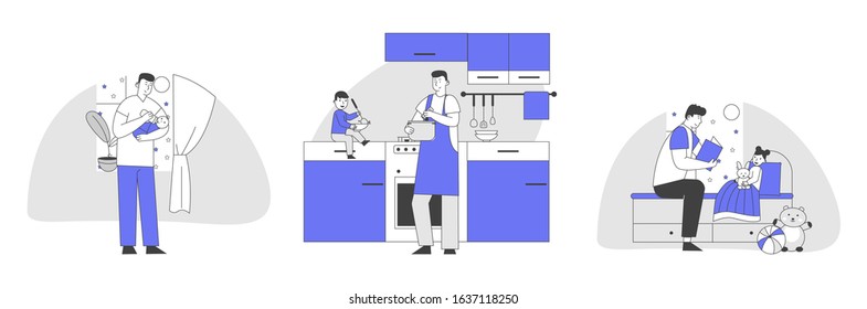 Set of Single Father Engaged in Raising Children. Dad Feed Son with Bottle, Cooking Meal, Reading Book to Daughter. Happy Family Sparetime of Kids and Daddy. Cartoon Flat Vector Illustration, Line Art