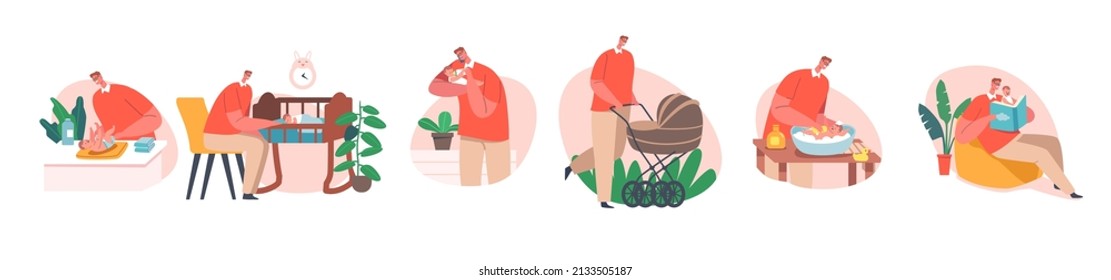 Set of Single Father on Maternity Leave Care of Child. Dad Feed Son with Bottle, Walk with Stroller, Swaddle, Washing in Bath, Play and Fun, Happy Family Characters. Cartoon People Vector Illustration