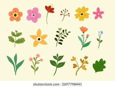 Set of single flowers in yellow background