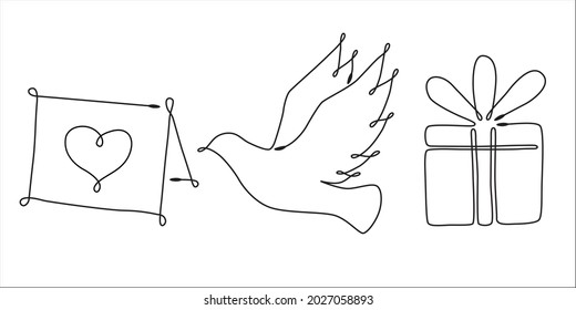 Set of single line drawing of romantic elements. Dove, gift box, invitation, greeting card. Vector hand drawn line art style.