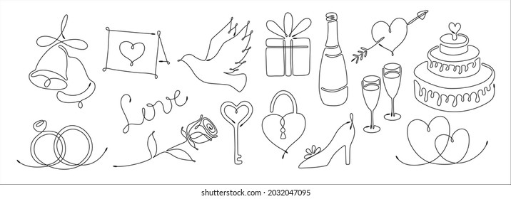 Set of single line drawing of romantic elements. Bells wedding rings invitation rose word Love dove love key gift padlock bottle wedding shoe cake heart wine glass love heart with arrow Line art style