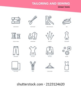Set single line sewing and tailoring icons, tailor tools for needlework at home design in line style, vector illustration.