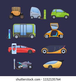 Set of single, multi-seat electric motorcycle, motorbike, auto, bus, near city's charging ecology electric station. Movement on electric vehicles, ecological mode of transport. Vector illustration.