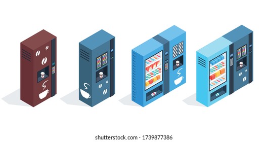 A set of single and paired vending machines for placement in public places. Automatic machines for the sale of snacks, soda, water, juice and coffee in the office. Vector isometric illustration.