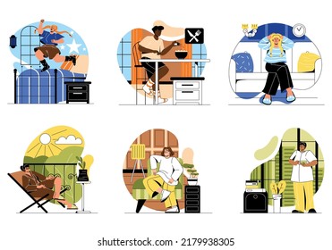 Set of Single people living alone. Men and women relax, dance and eat in solitude at home. Lonely lifestyle. Happy characters in private apartments. Cartoon flat vector collection isolated on white