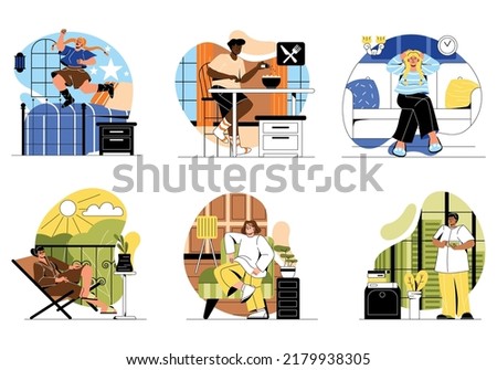Set of Single people living alone. Men and women relax, dance and eat in solitude at home. Lonely lifestyle. Happy characters in private apartments. Cartoon flat vector collection isolated on white