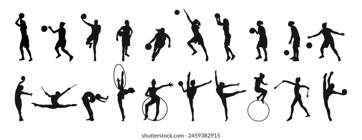 Set single silhouettes of womens sports. Basketball, calisthenics, gymnastics. Isolated vector
