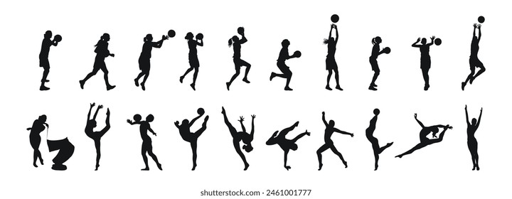 Set single silhouettes of womens sports. Basketball, calisthenics, gymnastics. Isolated vector
