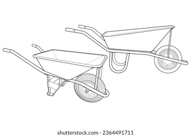 Set of single Wheel Barrow vector .Trolley line art vector illustration isolated on white background.  Wheel Barrow outline illustration.
