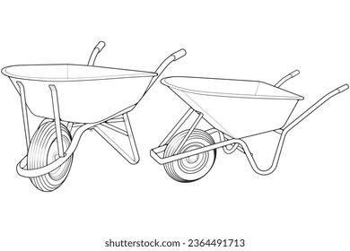 Set of single Wheel Barrow vector .Trolley line art vector illustration isolated on white background.  Wheel Barrow outline illustration.
