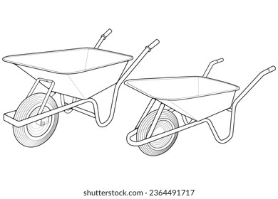 Set of single Wheel Barrow vector .Trolley line art vector illustration isolated on white background.  Wheel Barrow outline illustration.
