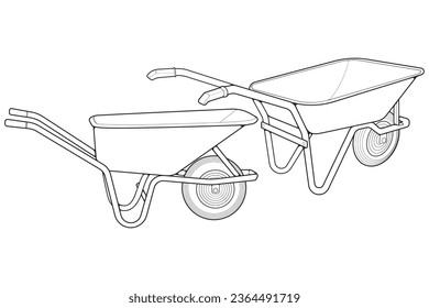 Set of single Wheel Barrow vector .Trolley line art vector illustration isolated on white background.  Wheel Barrow outline illustration.

