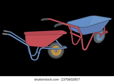 Set of single Wheel Barrow vector fullcolor .Trolley fullcolor vector illustration isolated on black background.  Wheel Barrow outline illustration.
