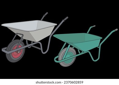 Set of single Wheel Barrow vector fullcolor .Trolley fullcolor vector illustration isolated on black background.  Wheel Barrow outline illustration.
