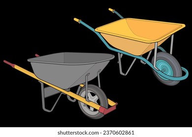 Set of single Wheel Barrow vector fullcolor .Trolley fullcolor vector illustration isolated on black background.  Wheel Barrow outline illustration.
