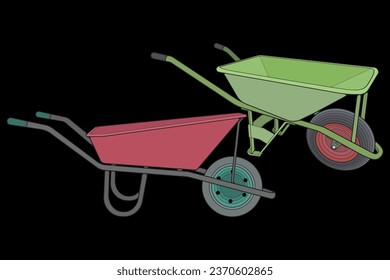 Set of single Wheel Barrow vector fullcolor .Trolley fullcolor vector illustration isolated on black background.  Wheel Barrow outline illustration.
