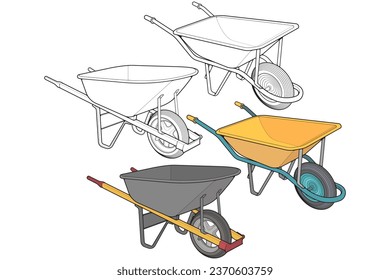 Set of single Wheel Barrow vector fullcolor .Trolley fullcolor vector illustration isolated on black background.  Wheel Barrow outline illustration.
