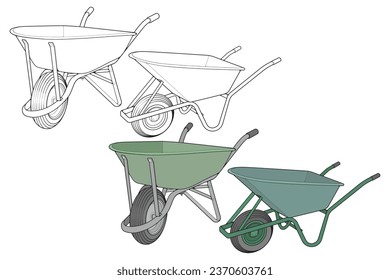 Set of single Wheel Barrow vector fullcolor .Trolley fullcolor vector illustration isolated on black background.  Wheel Barrow outline illustration.
