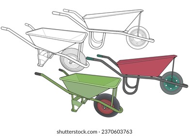 Set of single Wheel Barrow vector fullcolor .Trolley fullcolor vector illustration isolated on black background.  Wheel Barrow outline illustration.
