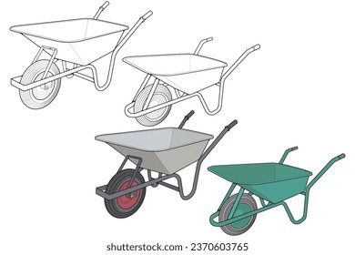 Set of single Wheel Barrow vector fullcolor .Trolley fullcolor vector illustration isolated on black background.  Wheel Barrow outline illustration.
