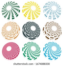 Set of single-colored,monochrome twirl, swirl. Shape with rotation, spin, spiral distortion. Helix, volute and twine design element