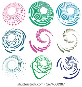 Set of single-colored,monochrome twirl, swirl. Shape with rotation, spin, spiral distortion. Helix, volute and twine design element