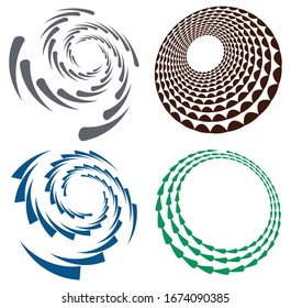Conjunto de giro monocromo de un solo color, giratorio. Forma con rotación, giro, distorsión espiral. Elemento de diseño Helix, voluto y gemelo
