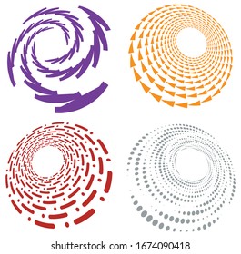 Set of single-colored,monochrome twirl, swirl. Shape with rotation, spin, spiral distortion. Helix, volute and twine design element