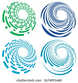 Set of single-colored,monochrome twirl, swirl. Shape with rotation, spin, spiral distortion. Helix, volute and twine design element